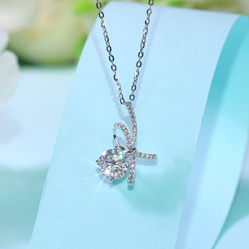 1 Carat Moissanite Diamond Ribbon Pendant Necklace 925 Sterling Silver