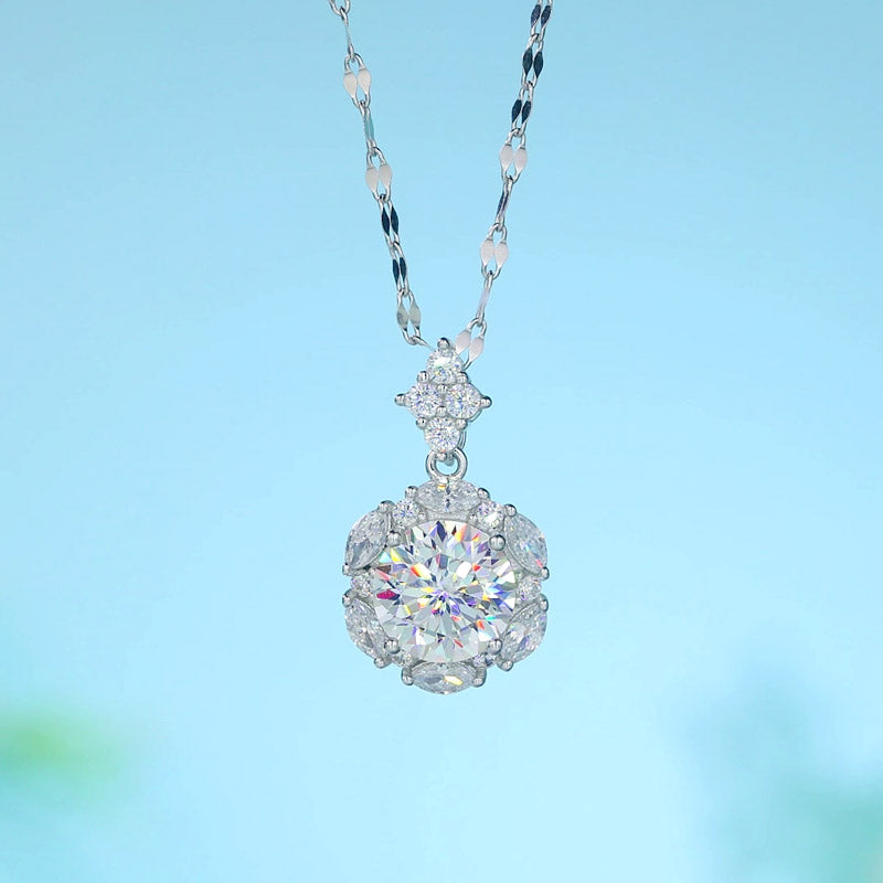 2 Carats Moissanite Diamond Flower Pendant Necklace 925 Sterling Silver