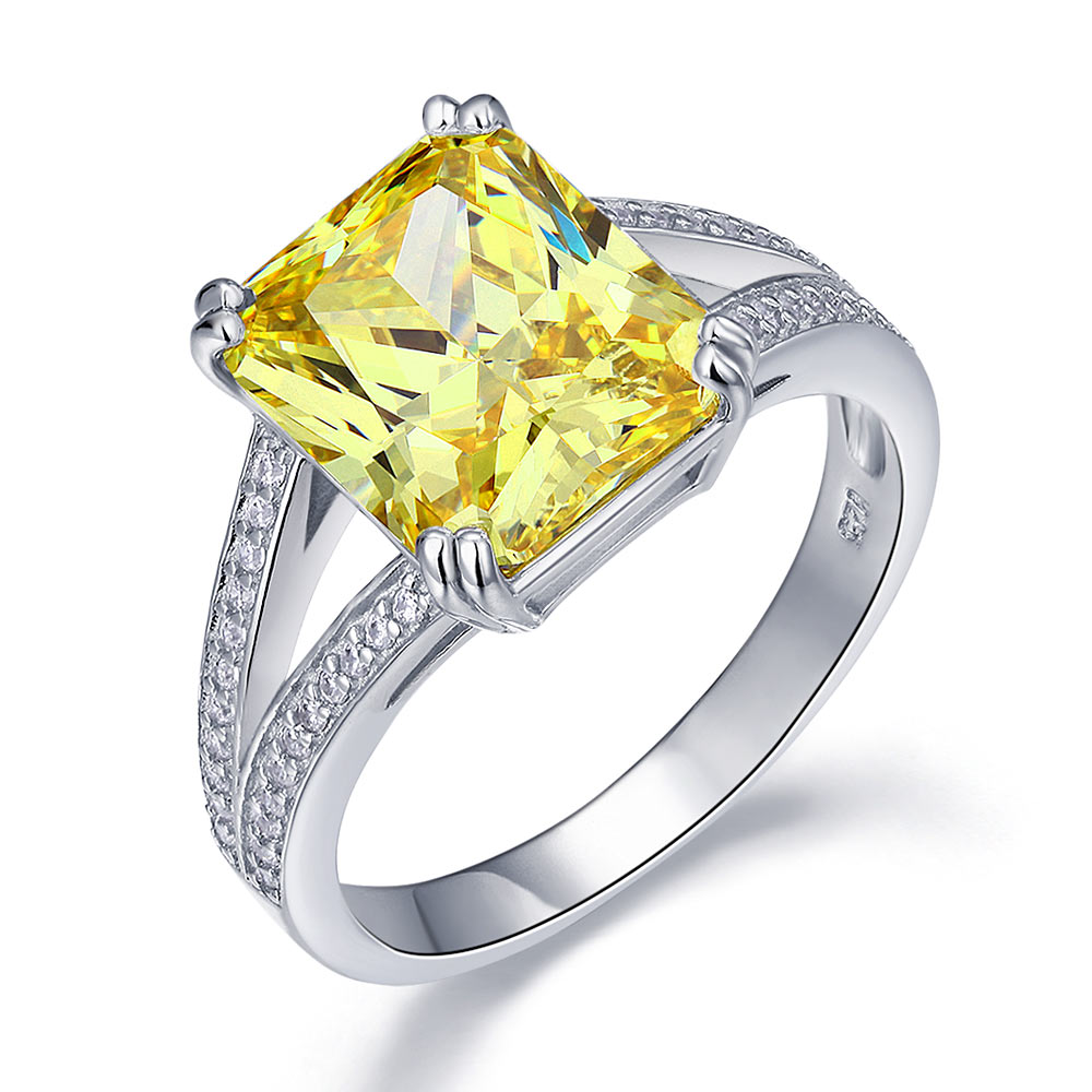 925 Sterling Silver Luxury Ring 6 Carat Fancy Yellow Simulated Diamond Radiant Cut