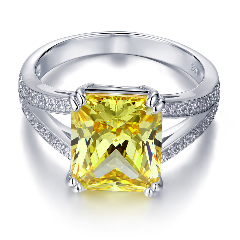 925 Sterling Silver Luxury Ring 6 Carat Fancy Yellow Simulated Diamond Radiant Cut