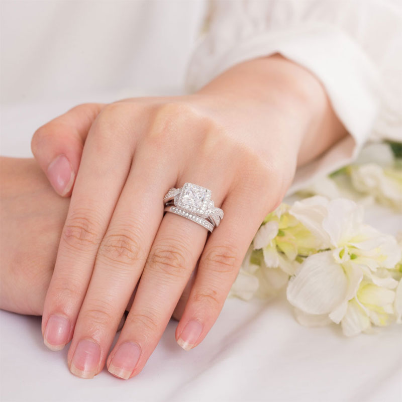 Solid 925 Sterling Silver Wedding Anniversary Engagement Ring Set Vintage Style Princess