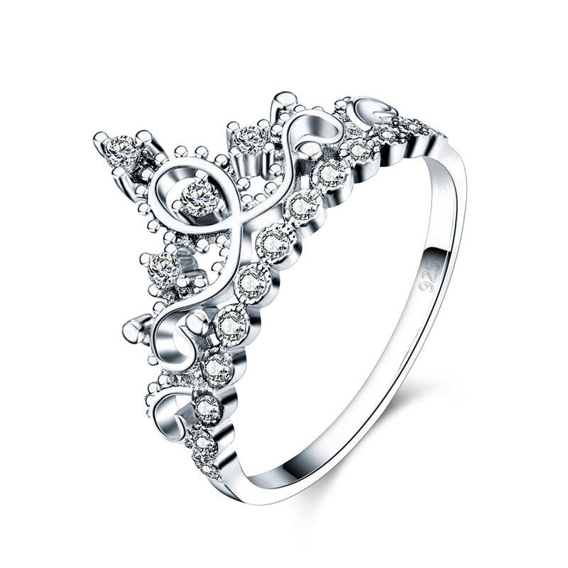 Solid 925 Sterling Silver Ring Crown Shape Simulated Diamond for Lady Trendy Stylish