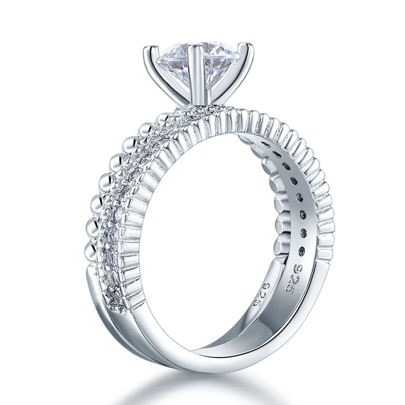 Solid 925 Sterling Silver 2-Pcs Wedding Engagement Ring Set 1 Ct Simulated Diamante Jewelry
