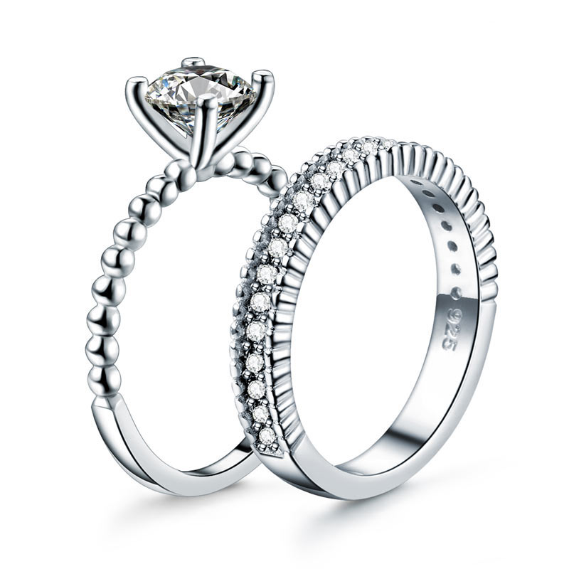 Solid 925 Sterling Silver 2-Pcs Wedding Engagement Ring Set 1 Ct Simulated Diamante Jewelry