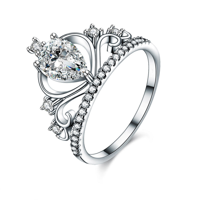 Solid 925 Sterling Silver Crown Ring 1 Carat Pear Cut for Lady Trendy Stylish Jewelry