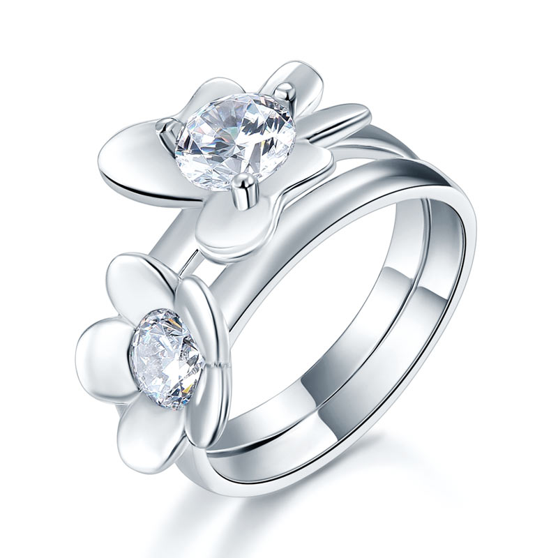 Solid 925 Sterling Silver 2-Pcs Butterfly Flower Ring Set Lady Jewelry 2017 New Design