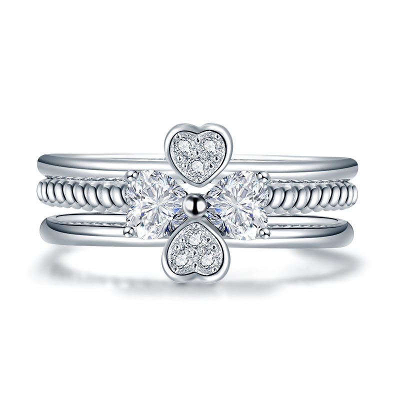 Solid 925 Sterling Silver Ring Set 3-Pcs Set Heart Love Jewelry