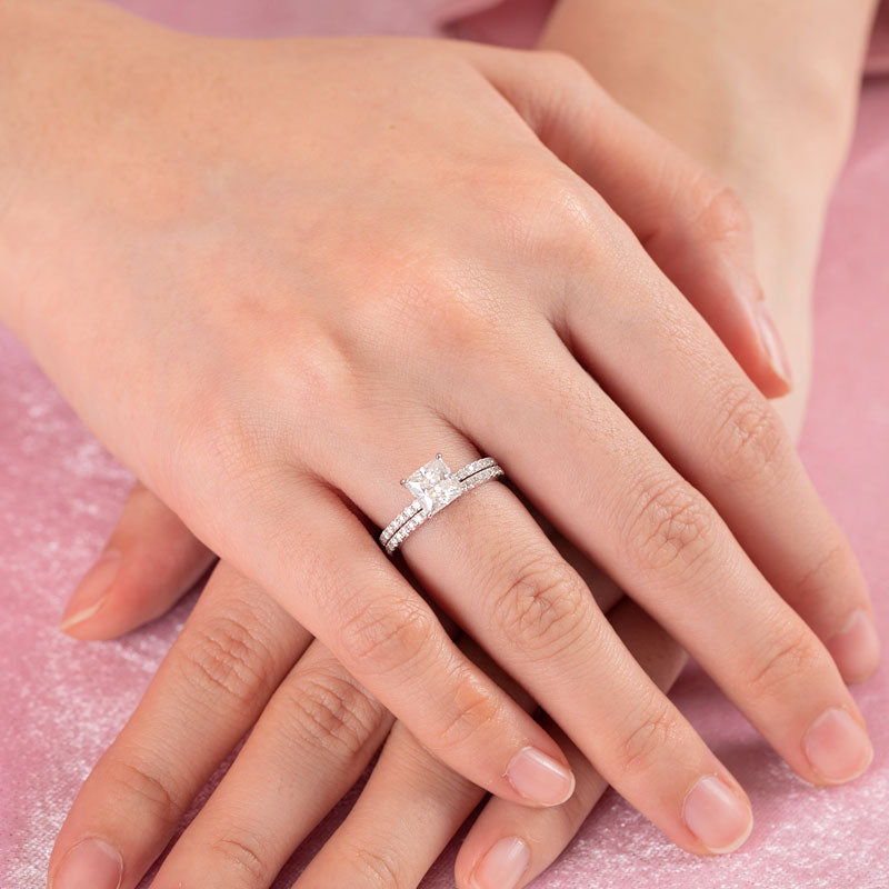 Princess Cut 1 Carat Moissanite Diamond  Ring Set (1 pcs / 2 pcs) 925 Sterling Silver