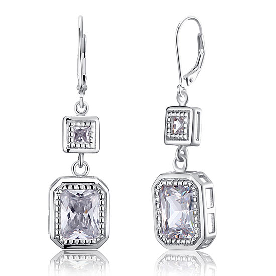 4 Carat Emerald Cut Simulated Diamond 925 Sterling Silver Dangle Earrings