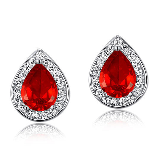 1 Carat Pear Cut Red Simulated Ruby 925 Sterling Silver Stud Earrings