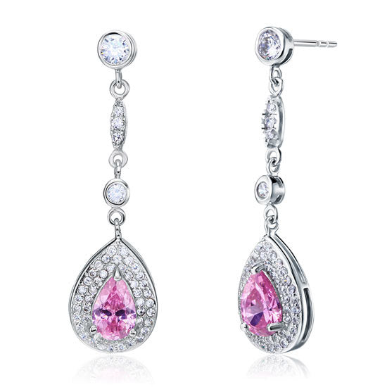 1.5 Carat Pear Cut Pink Simulated Sapphire 925 Sterling Silver Dangle Earrings