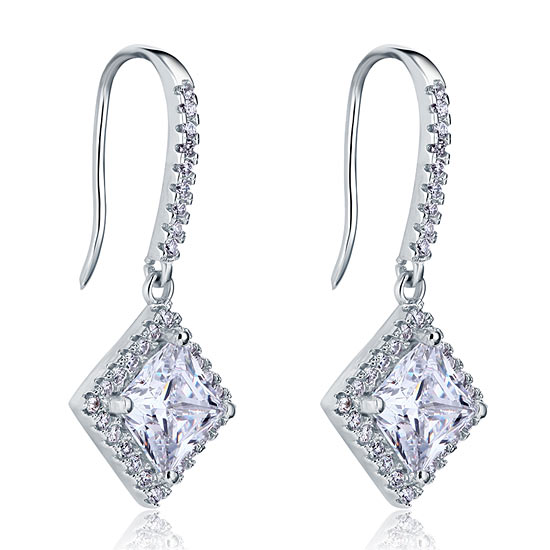 3 Carat Simulated Princess Cut Diamond Dangle Drop Sterling 925 Silver Earrings