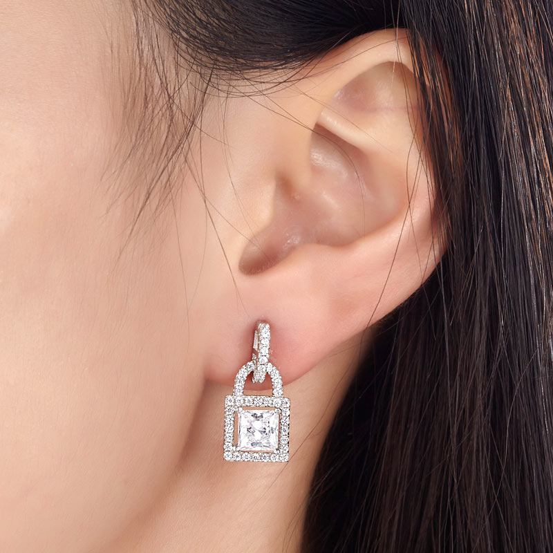 Simulated Diamond Dangle Drop Key Lock Sterling 925 Silver Earrings