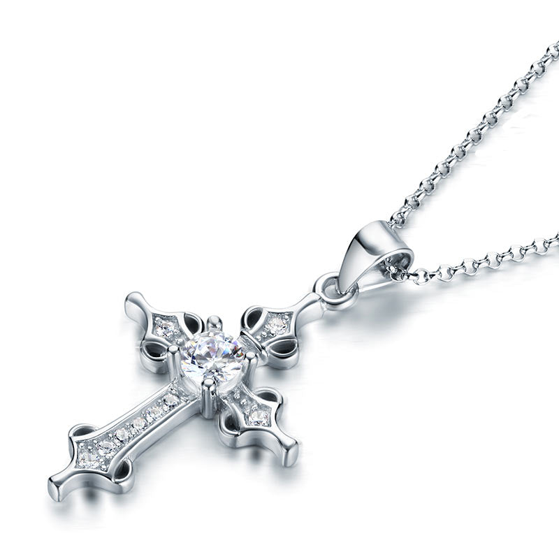 925 Sterling Silver Cross Pendant Necklace Round Cut Simulated Diamond Jewelry