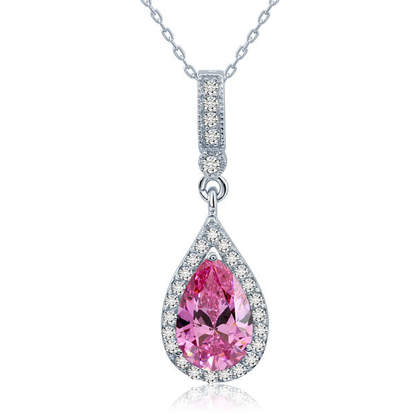 925 Sterling Silver Fashion Bridesmaid Pink Pendant Necklace Bridal Wedding Tear Drop