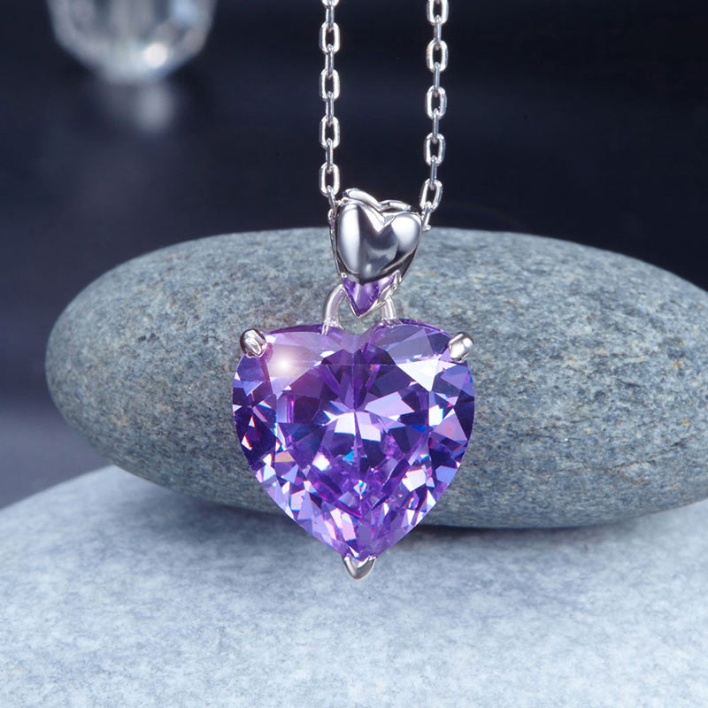 925 Sterling Silver Heart Pendant Necklace 5 Carat Purple Bridal Jewelry