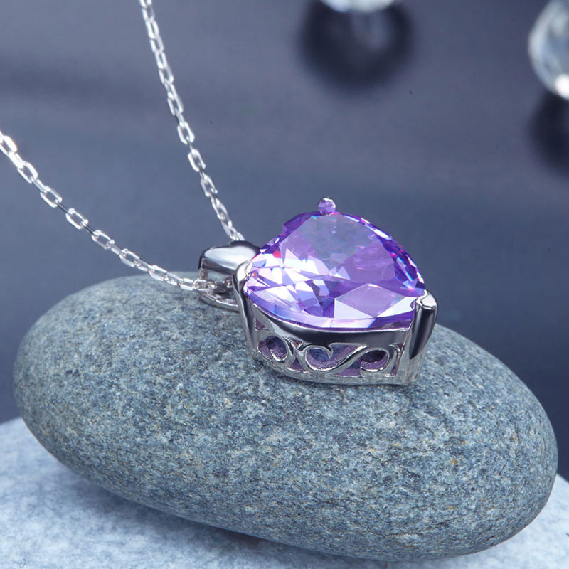 925 Sterling Silver Heart Pendant Necklace 5 Carat Purple Bridal Jewelry