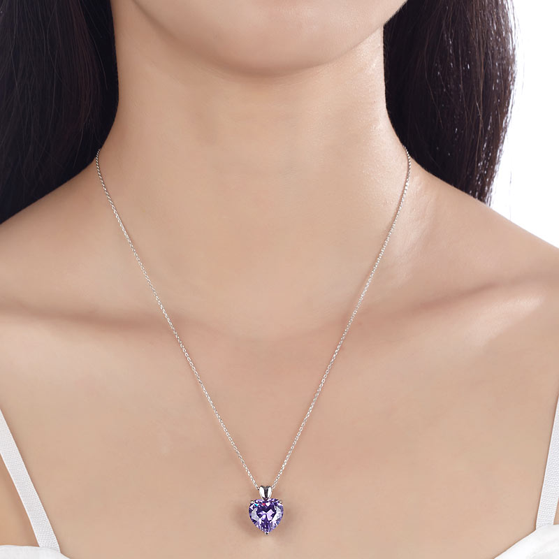 925 Sterling Silver Heart Pendant Necklace 5 Carat Purple Bridal Jewelry