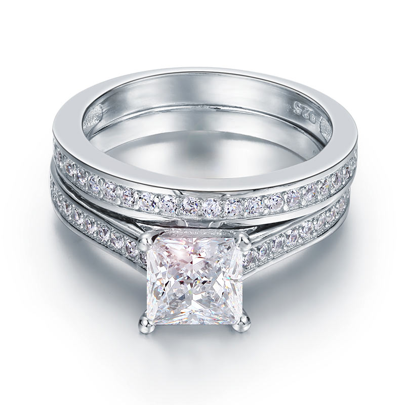 1.5 Carat Princess Cut Simulated Diamond 925 Sterling Silver 2-Pcs Wedding Engagement Ring Set