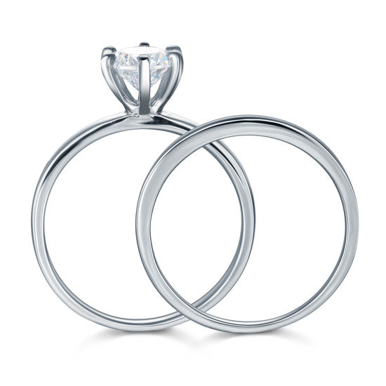 Sterling 925 Silver 1.25 Carat Simulated Diamond 2-Pc Ring Set 6 Claws