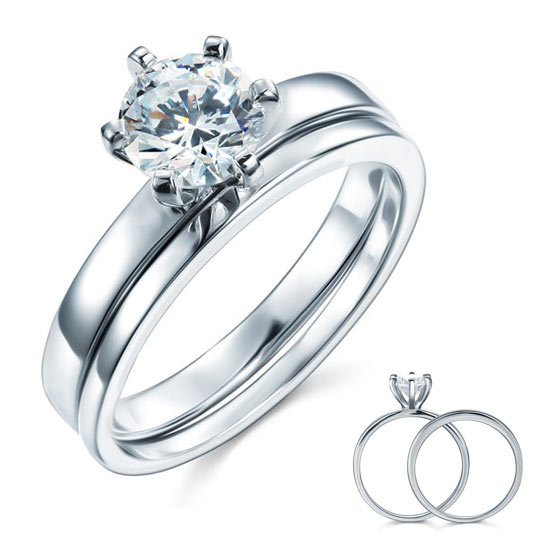 Sterling 925 Silver 1.25 Carat Simulated Diamond 2-Pc Ring Set 6 Claws