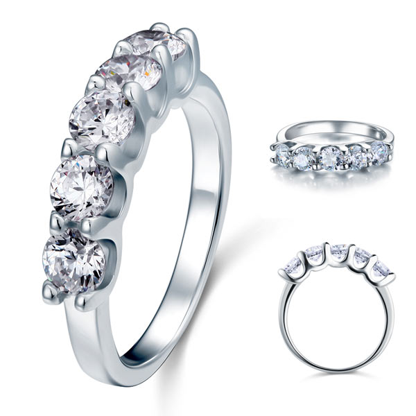 1.25 Carat Five Stone Simulated Diamond Solid Sterling 925 Silver Bridal Ring
