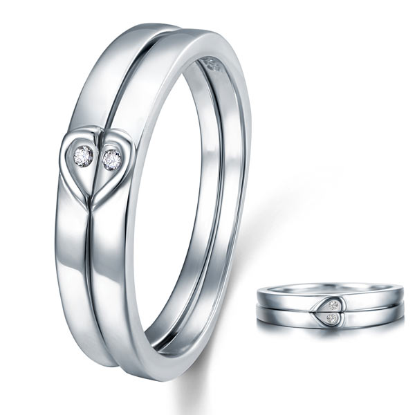 Heart Simulated Diamond 2-Pc Solid Sterling 925 Silver Wedding Ring Set