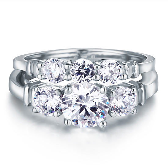 Simulated Diamond 2-Pc Solid Sterling 925 Silver Ring Set