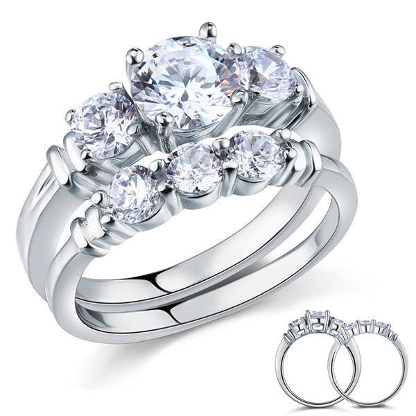 Simulated Diamond 2-Pc Solid Sterling 925 Silver Ring Set