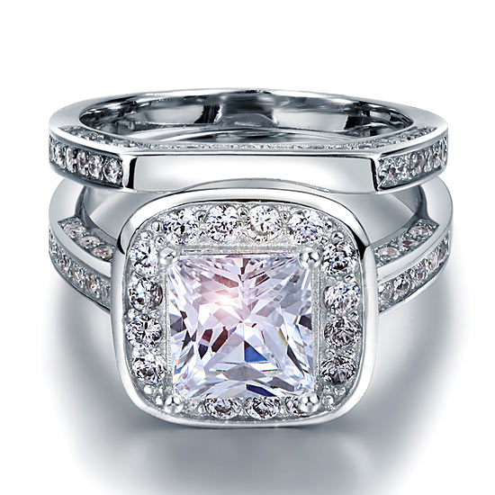 Vintage Style 2 Carat Simulated Diamond Solid Sterling 925 Silver 2-Pc Bridal Wedding Engagement Ring Set