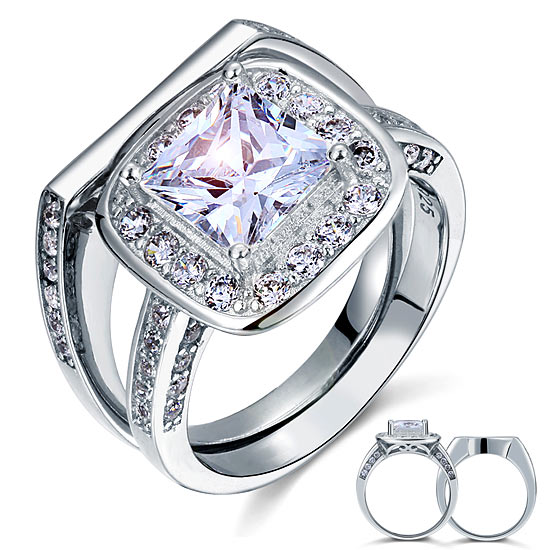 Vintage Style 2 Carat Simulated Diamond Solid Sterling 925 Silver 2-Pc Bridal Wedding Engagement Ring Set