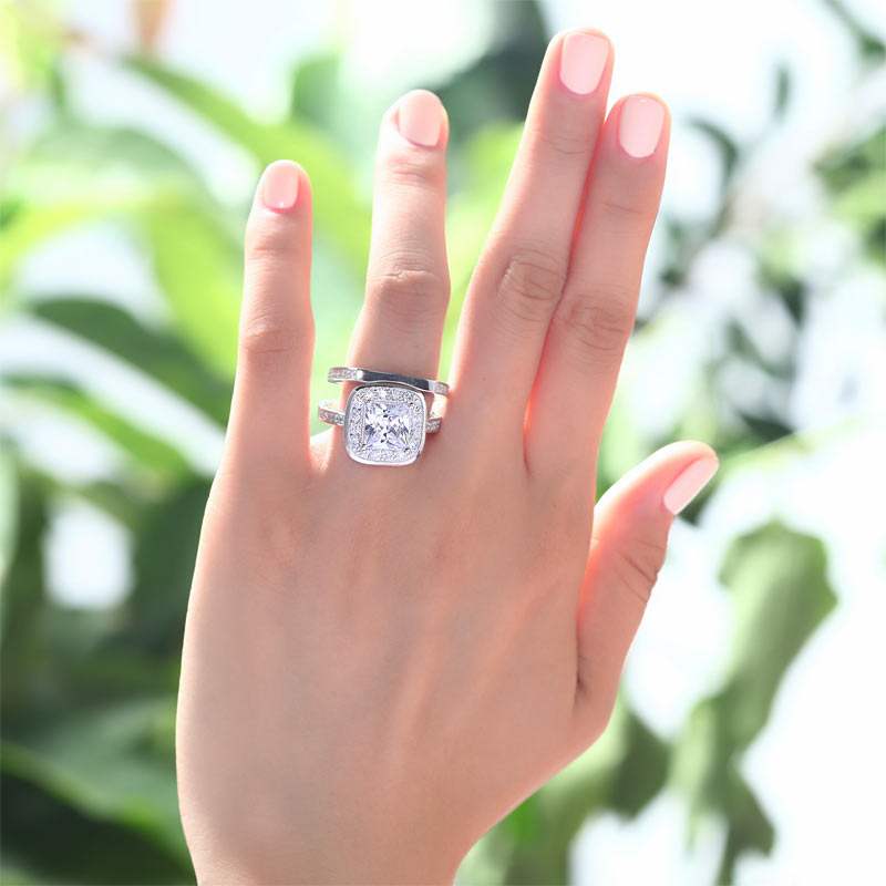 Vintage Style 2 Carat Simulated Diamond Solid Sterling 925 Silver 2-Pc Bridal Wedding Engagement Ring Set