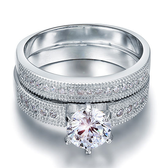 Vintage Style 1.25  Solitaire Simulated Diamond Solid Sterling 925 Silver 2-Pc Bridal Wedding Engagement Ring Set