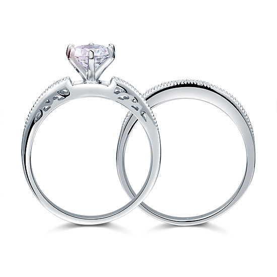 Vintage Style 1.25  Solitaire Simulated Diamond Solid Sterling 925 Silver 2-Pc Bridal Wedding Engagement Ring Set