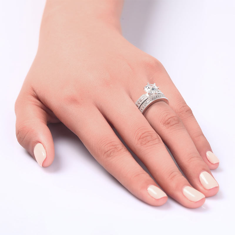 Vintage Style 1.25  Solitaire Simulated Diamond Solid Sterling 925 Silver 2-Pc Bridal Wedding Engagement Ring Set