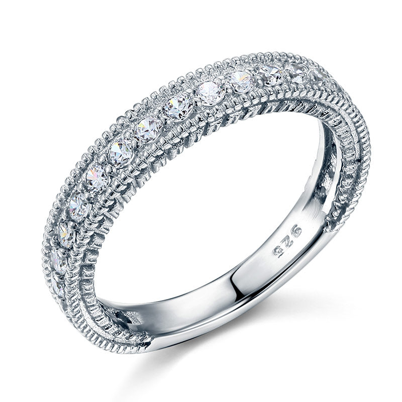 Vintage Style Art Deco Simulated Diamond Solid Sterling 925 Silver Band Wedding Eternity Ring
