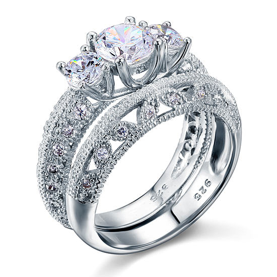 Vintage Style Victorian Art Deco 1.5 Carat Simulated Diamond Solid Sterling 925 Silver 2-Pcs Wedding Engagement Ring Set