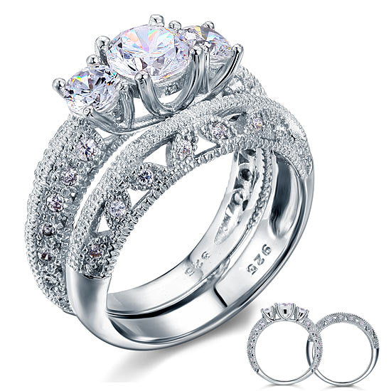 Vintage Style Victorian Art Deco 1.5 Carat Simulated Diamond Solid Sterling 925 Silver 2-Pcs Wedding Engagement Ring Set