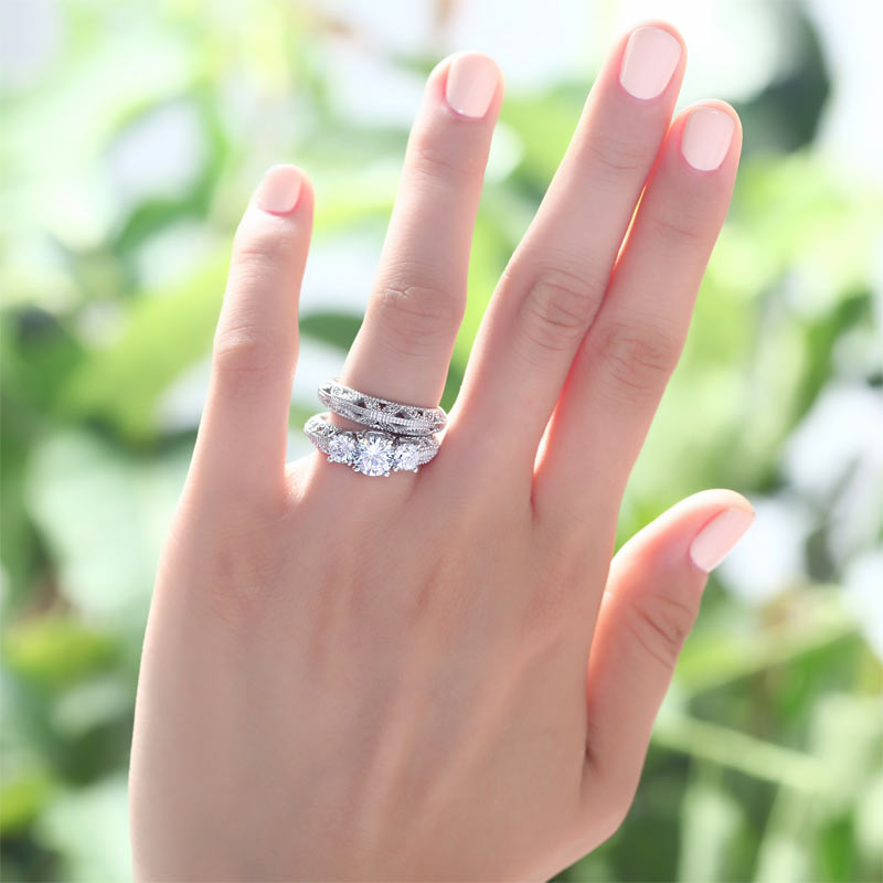 Vintage Style Victorian Art Deco 1.5 Carat Simulated Diamond Solid Sterling 925 Silver 2-Pcs Wedding Engagement Ring Set