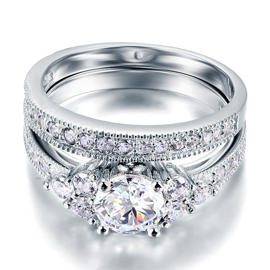 Vintage Style 1 Carat Simulated Diamond Solid Sterling 925 Silver 2-Pc Wedding Engagement Ring Set