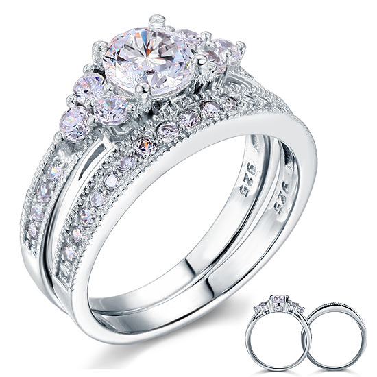 Vintage Style 1 Carat Simulated Diamond Solid Sterling 925 Silver 2-Pc Wedding Engagement Ring Set