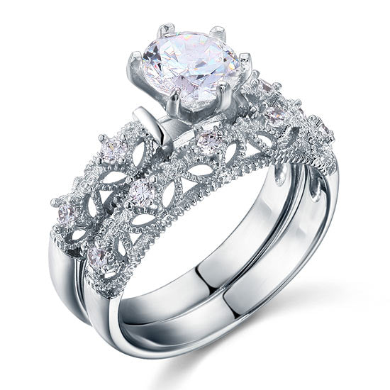 Vintage Style Victorian Art Deco 1.25 Carat Simulated Diamond Solid Sterling 925 Silver 2-Pcs Wedding Engagement Ring Set