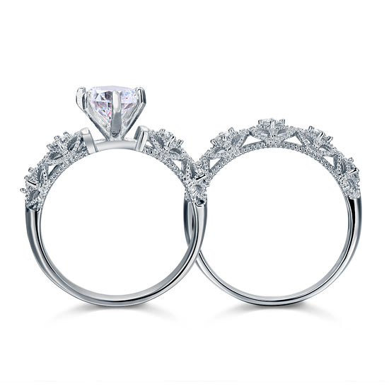 Vintage Style Victorian Art Deco 1.25 Carat Simulated Diamond Solid Sterling 925 Silver 2-Pcs Wedding Engagement Ring Set