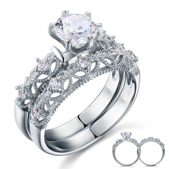 Vintage Style Victorian Art Deco 1.25 Carat Simulated Diamond Solid Sterling 925 Silver 2-Pcs Wedding Engagement Ring Set