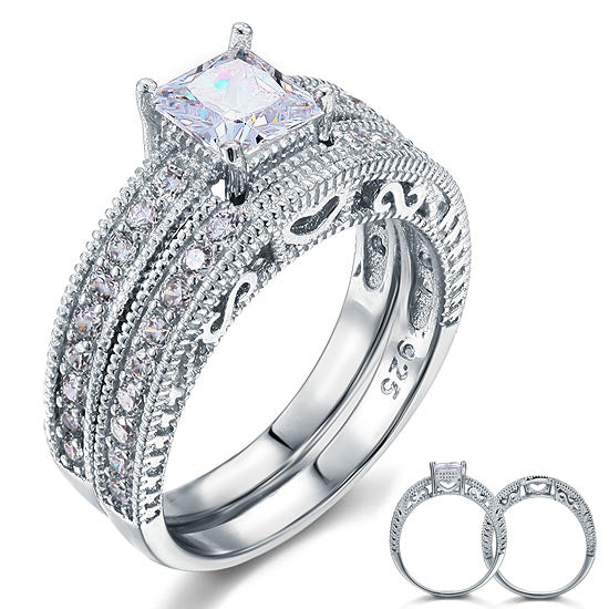 Vintage Style Victorian Art Deco 1 Carat Simulated Diamond Solid Sterling 925 Silver 2-Pc Wedding Engagement Ring Set