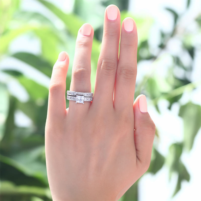 Vintage Style Victorian Art Deco 1 Carat Simulated Diamond Solid Sterling 925 Silver 2-Pc Wedding Engagement Ring Set