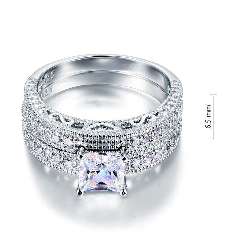 Vintage Style Victorian Art Deco 1 Carat Simulated Diamond Solid Sterling 925 Silver 2-Pc Wedding Engagement Ring Set