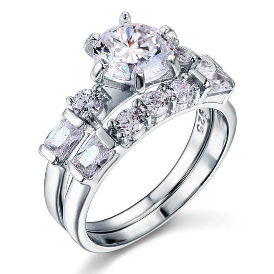 Vintage Style 2 Carat Simulated Diamond Solid Sterling 925 Silver 2-Pc Wedding Engagement Ring Set