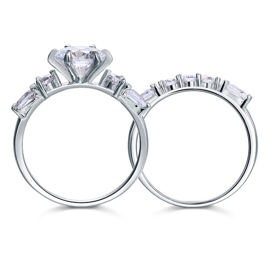 Vintage Style 2 Carat Simulated Diamond Solid Sterling 925 Silver 2-Pc Wedding Engagement Ring Set
