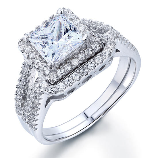 1.5 Carat Princess Simulated Diamond Solid 925 Sterling Silver Wedding Promise Engagement Ring Set